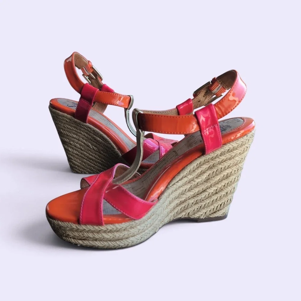 Sofft Espadrille Wedge Sandals Womens 8M Orange Pink Patent Leather T-Strap